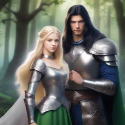 A scene featuring a beautiful, short blonde princess with blue eyes wearing armor, alongside a tall, handsome wizard with long black hair, green eyes, and also wearing armor