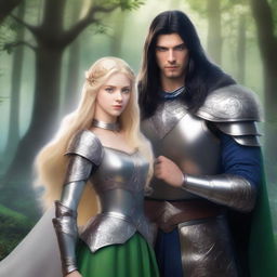 A scene featuring a beautiful, short blonde princess with blue eyes wearing armor, alongside a tall, handsome wizard with long black hair, green eyes, and also wearing armor