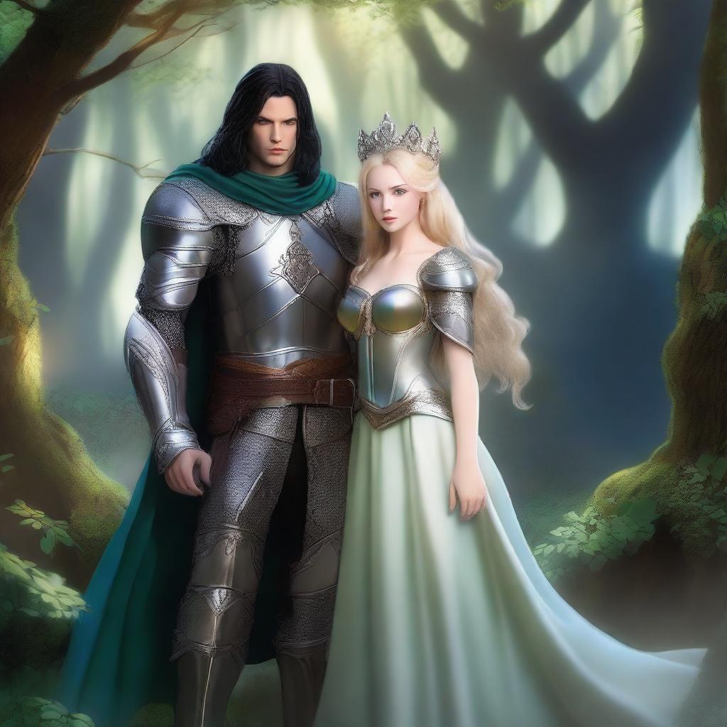 A scene featuring a beautiful, short blonde princess with blue eyes wearing armor, alongside a tall, handsome wizard with long black hair, green eyes, and also wearing armor