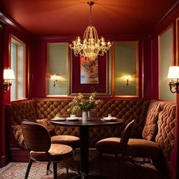 An exquisite, elite café with decadent interior using rich colors, retro furniture, and upscale decor elements.