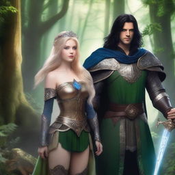 A scene featuring a beautiful, short blonde princess with blue eyes wearing armor, alongside a tall, handsome wizard with long black hair, green eyes, and wearing black armor