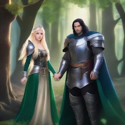 A scene featuring a beautiful, short blonde princess with blue eyes wearing armor, alongside a tall, handsome wizard with long black hair, green eyes, and wearing black armor