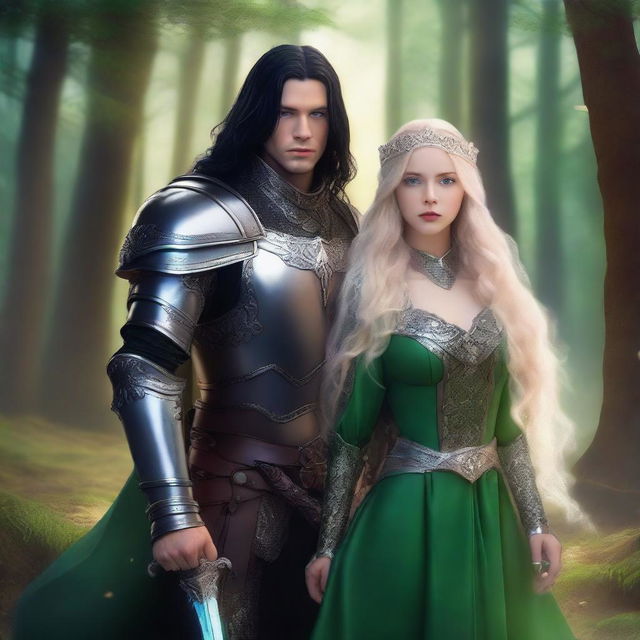 A scene featuring a beautiful, short blonde princess with blue eyes wearing armor, alongside a tall, handsome wizard with long black hair, green eyes, and wearing black armor