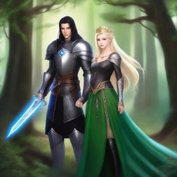 A scene featuring a beautiful, short blonde princess with blue eyes wearing armor, alongside a tall, handsome wizard with long black hair, green eyes, and wearing black armor