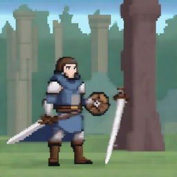 A typical medieval fantasy adventurer swordsman, depicted in pixel art style