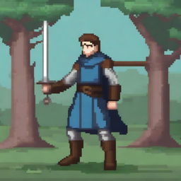 A typical medieval fantasy adventurer swordsman, depicted in pixel art style