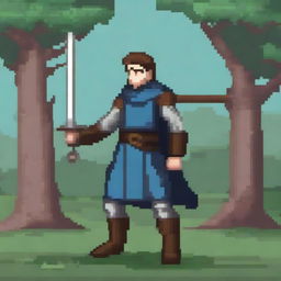 A typical medieval fantasy adventurer swordsman, depicted in pixel art style