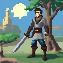 A typical medieval fantasy adventurer swordsman, depicted in pixel art style