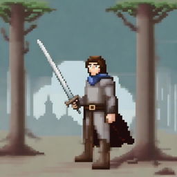 A typical medieval fantasy adventurer swordsman, depicted in pixel art style