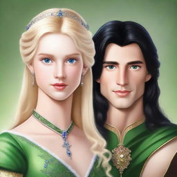 A realistic style portrait featuring only the faces of a beautiful, short blonde princess with blue eyes and a handsome, tall prince with long black hair and green eyes