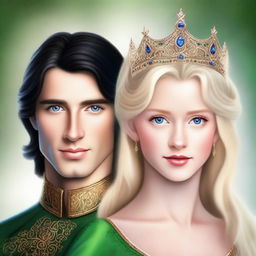 A realistic style portrait featuring only the faces of a beautiful, short blonde princess with blue eyes and a handsome, tall prince with long black hair and green eyes