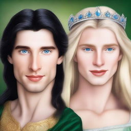 A realistic style portrait featuring only the faces of a beautiful, short blonde princess with blue eyes and a handsome, tall prince with long black hair and green eyes