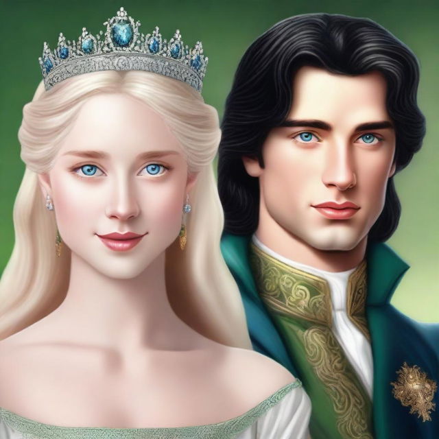 A realistic style portrait featuring only the faces of a beautiful, short blonde princess with blue eyes and a handsome, tall prince with long black hair and green eyes