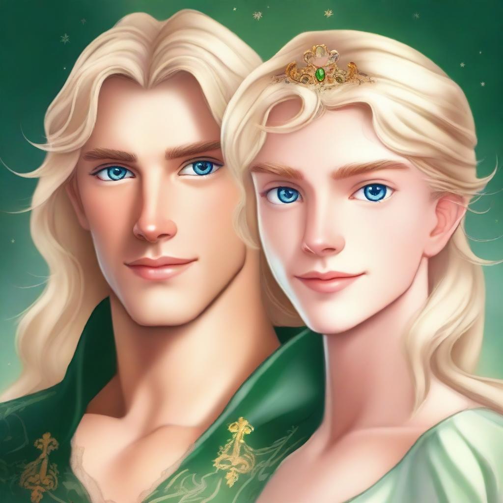 A close-up portrait featuring the faces of a beautiful, short blonde princess with blue eyes, and a handsome, tall prince with long black hair and green eyes