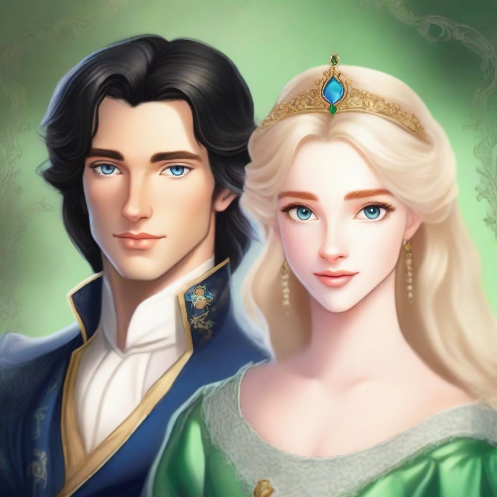 A close-up portrait featuring the faces of a beautiful, short blonde princess with blue eyes, and a handsome, tall prince with long black hair and green eyes