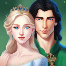 A close-up portrait featuring the faces of a beautiful, short blonde princess with blue eyes, and a handsome, tall prince with long black hair and green eyes