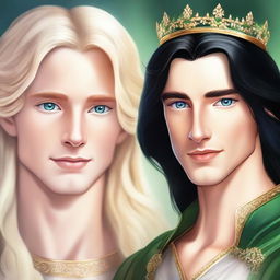 A close-up portrait featuring the faces of a beautiful, short blonde princess with blue eyes, and a handsome, tall prince with long black hair and green eyes