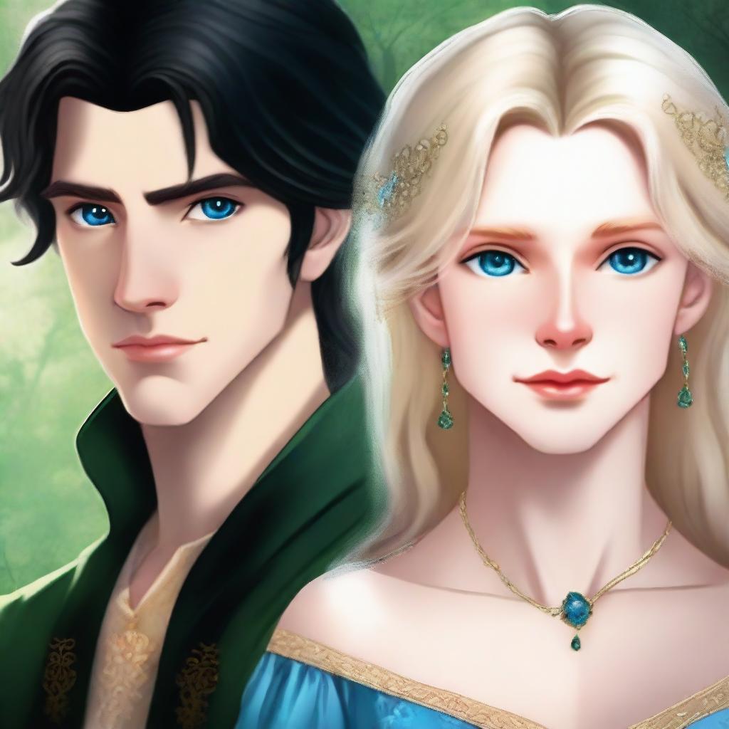 A close-up portrait featuring the faces of a beautiful, short blonde princess with blue eyes, and a handsome, tall prince with long black hair and green eyes