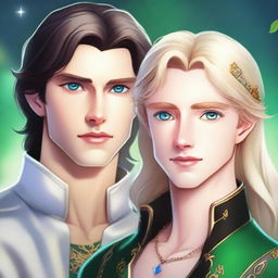 A close-up portrait featuring the faces of a beautiful, short blonde princess with blue eyes, and a handsome, tall prince with long black hair and green eyes