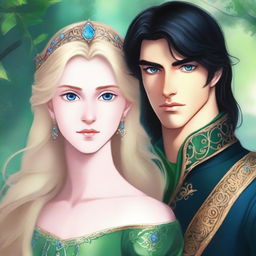 A close-up portrait featuring the faces of a beautiful, short blonde princess with blue eyes, and a handsome, tall prince with long black hair and green eyes