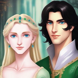 A close-up portrait featuring the faces of a beautiful, short blonde princess with blue eyes, and a handsome, tall prince with long black hair and green eyes