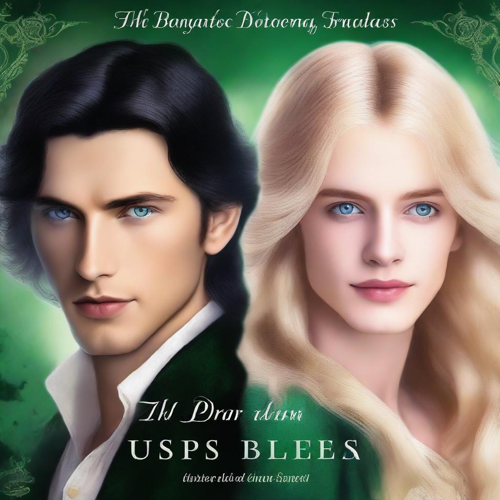 A book cover featuring close-up portraits of a beautiful, short blonde princess with blue eyes and a handsome, tall prince with long black hair, green eyes, and a dark, mysterious aura