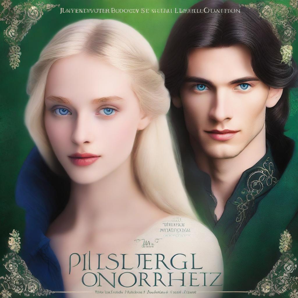 A book cover featuring close-up portraits of a beautiful, short blonde princess with blue eyes and a handsome, tall prince with long black hair, green eyes, and a dark, mysterious aura