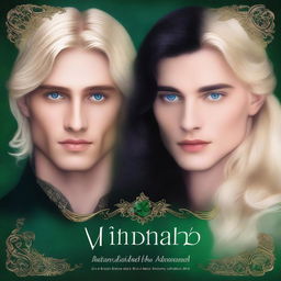 A book cover featuring close-up portraits of a beautiful, short blonde princess with blue eyes and a handsome, tall prince with long black hair, green eyes, and a dark, mysterious aura