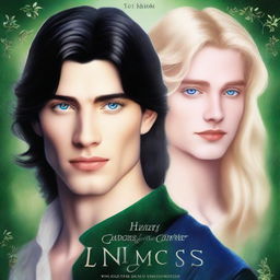 A book cover featuring close-up portraits of a beautiful, short blonde princess with blue eyes and a handsome, tall prince with long black hair, green eyes, and a dark, mysterious aura