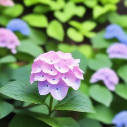 A beautiful, solitary hydrangea flower in full bloom, standing alone in a serene garden