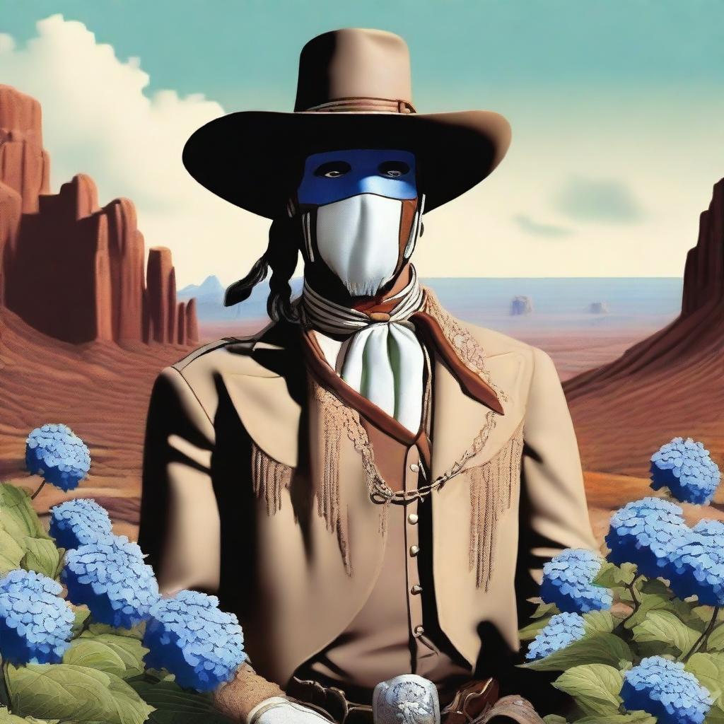 A creative depiction of the Lone Ranger, but with a unique twist: instead of a head, he has a blooming hydrangea flower