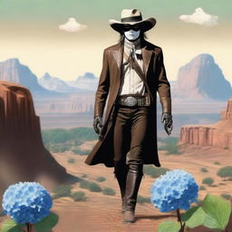 A creative depiction of the Lone Ranger, but with a unique twist: instead of a head, he has a blooming hydrangea flower