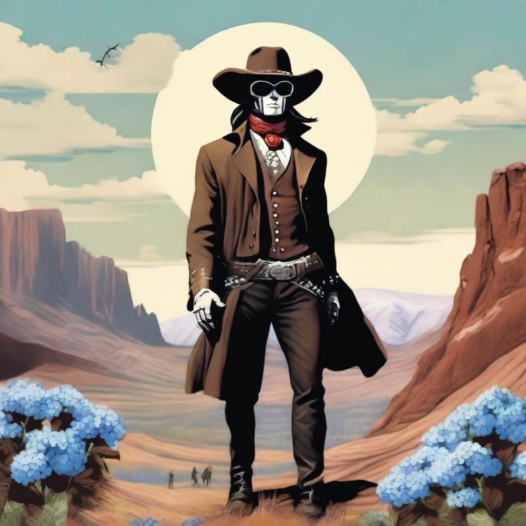 A creative depiction of the Lone Ranger, but with a unique twist: instead of a head, he has a blooming hydrangea flower