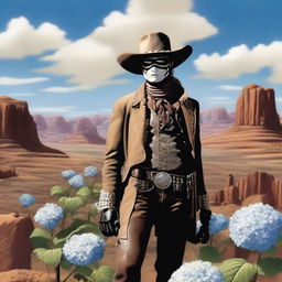 A creative depiction of the Lone Ranger, but with a unique twist: instead of a head, he has a blooming hydrangea flower