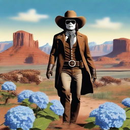 A creative depiction of the Lone Ranger, but with a unique twist: instead of a head, he has a blooming hydrangea flower