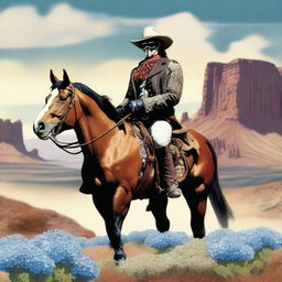 A creative depiction of the Lone Ranger, but with a unique twist: instead of a head, he has a blooming hydrangea flower