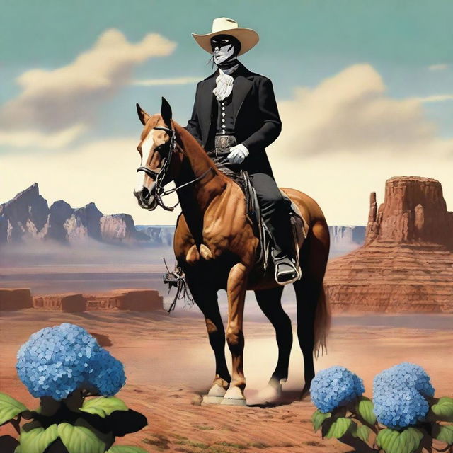 A creative depiction of the Lone Ranger, but with a unique twist: instead of a head, he has a blooming hydrangea flower