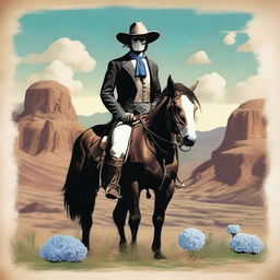 A creative depiction of the Lone Ranger, but with a unique twist: instead of a head, he has a blooming hydrangea flower