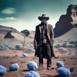 A surreal image of a lone ranger standing in a desolate landscape, with a hydrangea flower replacing their face