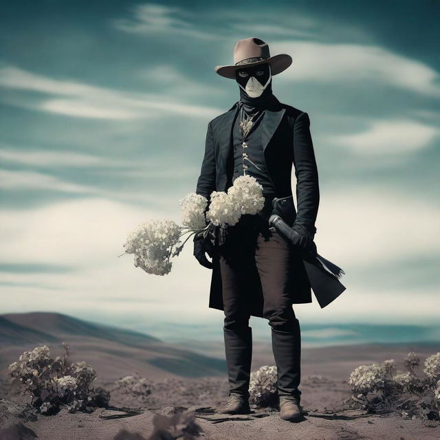 A surreal image of a lone ranger standing in a desolate landscape, with a hydrangea flower replacing their face