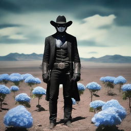 A surreal image of a lone ranger standing in a desolate landscape, with a hydrangea flower replacing their face