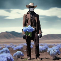 A surreal image of a lone ranger standing in a desolate landscape, with a hydrangea flower replacing their face