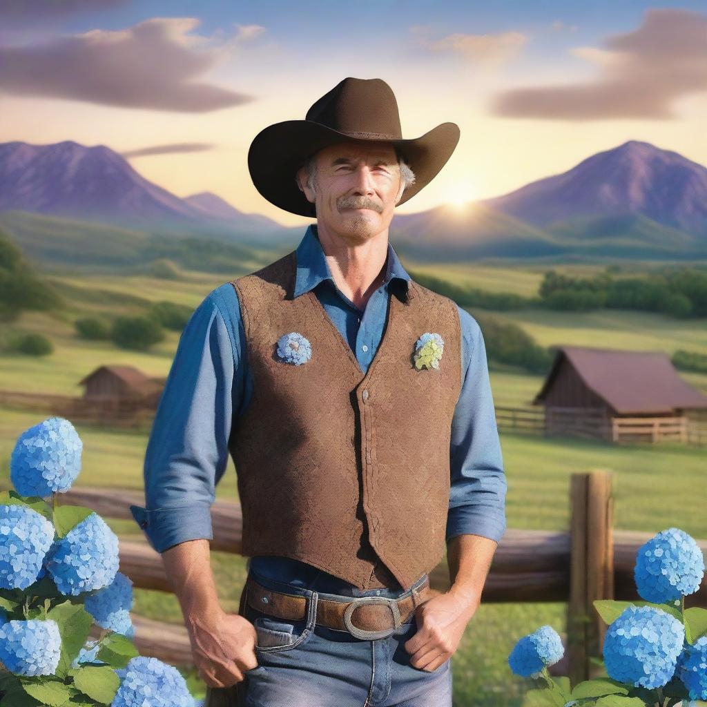 A cowboy with a face made entirely of hydrangea flowers, standing in a picturesque western landscape