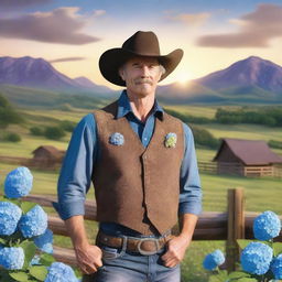 A cowboy with a face made entirely of hydrangea flowers, standing in a picturesque western landscape