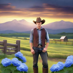 A cowboy with a face made entirely of hydrangea flowers, standing in a picturesque western landscape