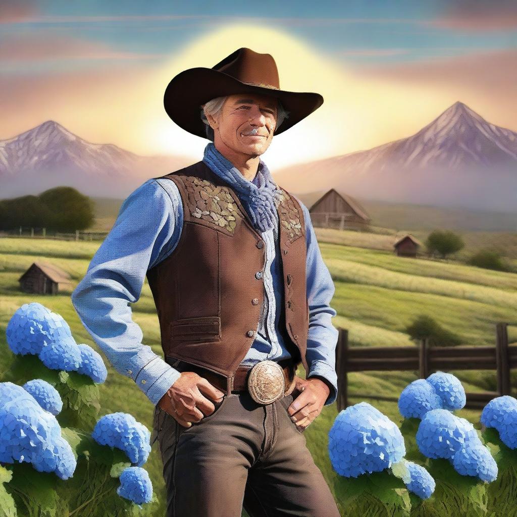 A cowboy with a face made entirely of hydrangea flowers, standing in a picturesque western landscape