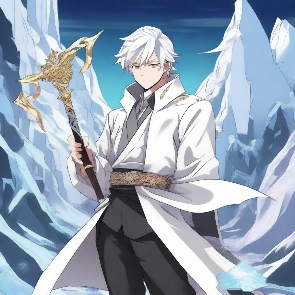 Create an anime-style manga cover featuring a human character with white hair, wearing a white coat with gold stripes and black pants