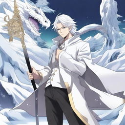 Create an anime-style manga cover featuring a human character with white hair, wearing a white coat with gold stripes and black pants