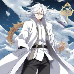 Create an anime-style manga cover featuring a human character with white hair, wearing a white coat with gold stripes and black pants