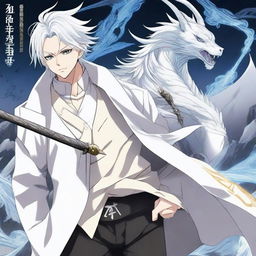 Create an anime-style manga cover featuring a human character with white hair, wearing a white coat with gold stripes and black pants